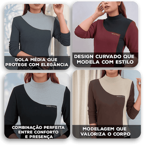 Blusa Cristina™ com Estampa Curva Bicolor e Tecido Térmico / Visual Impecável com Aconchego!