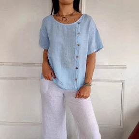 Blusa Amora™ em Algodão Leve com Botões Laterais / Toque Natural, Caimento Solto e Estilo Sem Esforço!