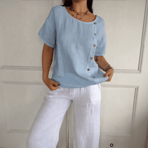 Blusa Amora™ em Algodão Leve com Botões Laterais / Toque Natural, Caimento Solto e Estilo Sem Esforço!