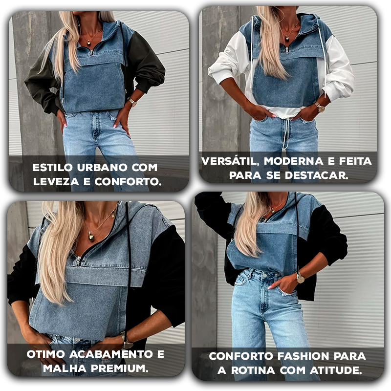 Blusa DenimMode™ em Jeans Lavado e Moletom de Algodão Suave / Para Mulheres que Criam Tendência com Leveza e Atitude!